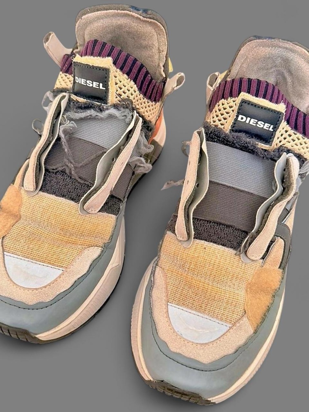 Diesel Mixed-Material Gray, Yellow & Purple Sneakers